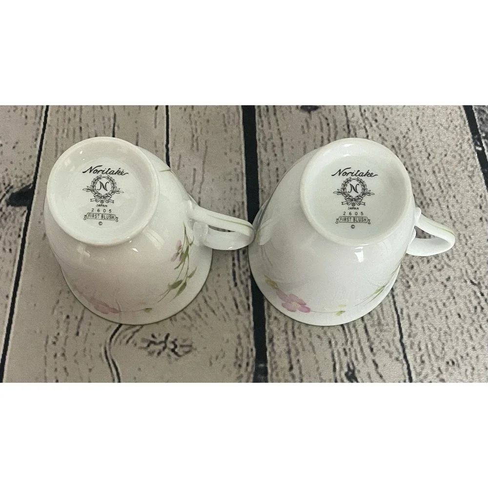 Noritake First Blush Tea Cup Saucer Set Of 4Pink & White Flower Green Trim #2605